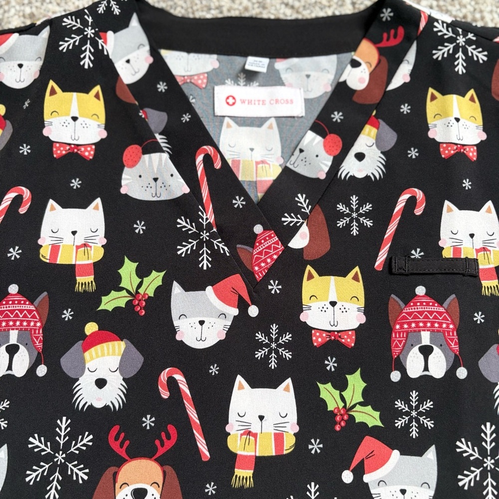 White Cross Black Holiday Print Scrub Top